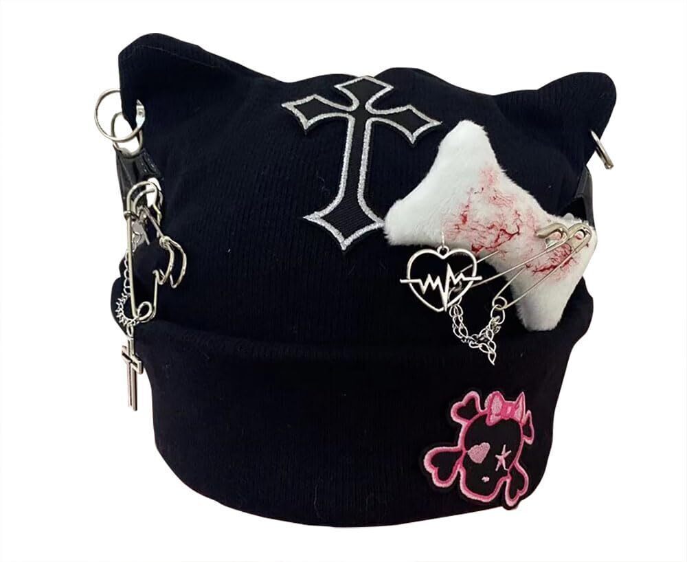 7632 Gothic Beanie Punk Rock Hats Cat Ear Animal Black Halloween
